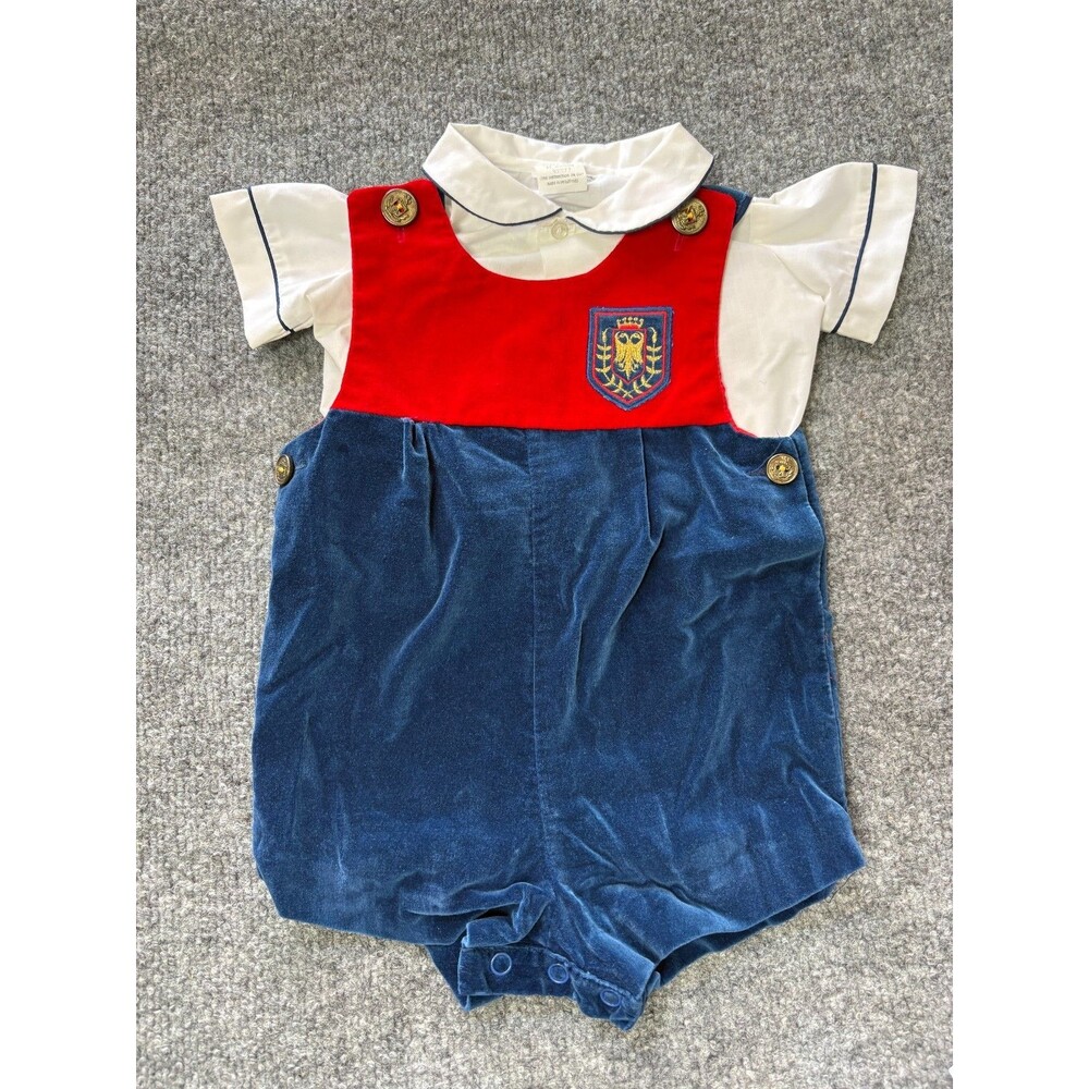 Vtg IMP Originals Baby Boys Romper & Shirt Set 12 M Month Blue Red Velvet